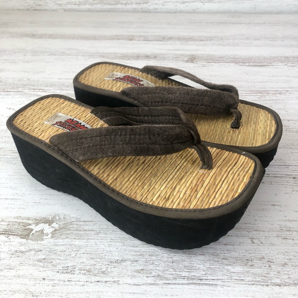 Vintage Brown Straw Bamboo Platform Flip Flop Sandals MEAN STREETS suede straps